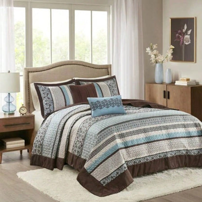5 Piece Jacquard Quilt Set with Throw Pillows Blue Full/