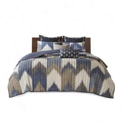 3 Piece Printed Cotton Quilt Set Navy King/Cal King
