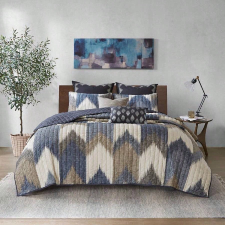 3 Piece Printed Cotton Quilt Set Navy King/Cal King