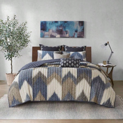 3 Piece Printed Cotton Quilt Set Navy King/Cal King