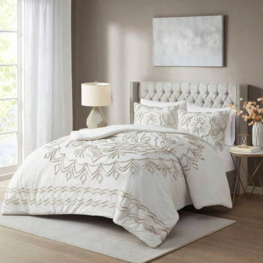 3 Piece Tufted Cotton Chenille Comforter Set Ivory/Taupe Full/