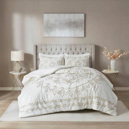 3 Piece Tufted Cotton Chenille Comforter Set Ivory/Taupe Full/