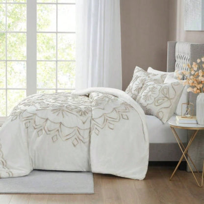 3 Piece Tufted Cotton Chenille Comforter Set Ivory/Taupe Full/