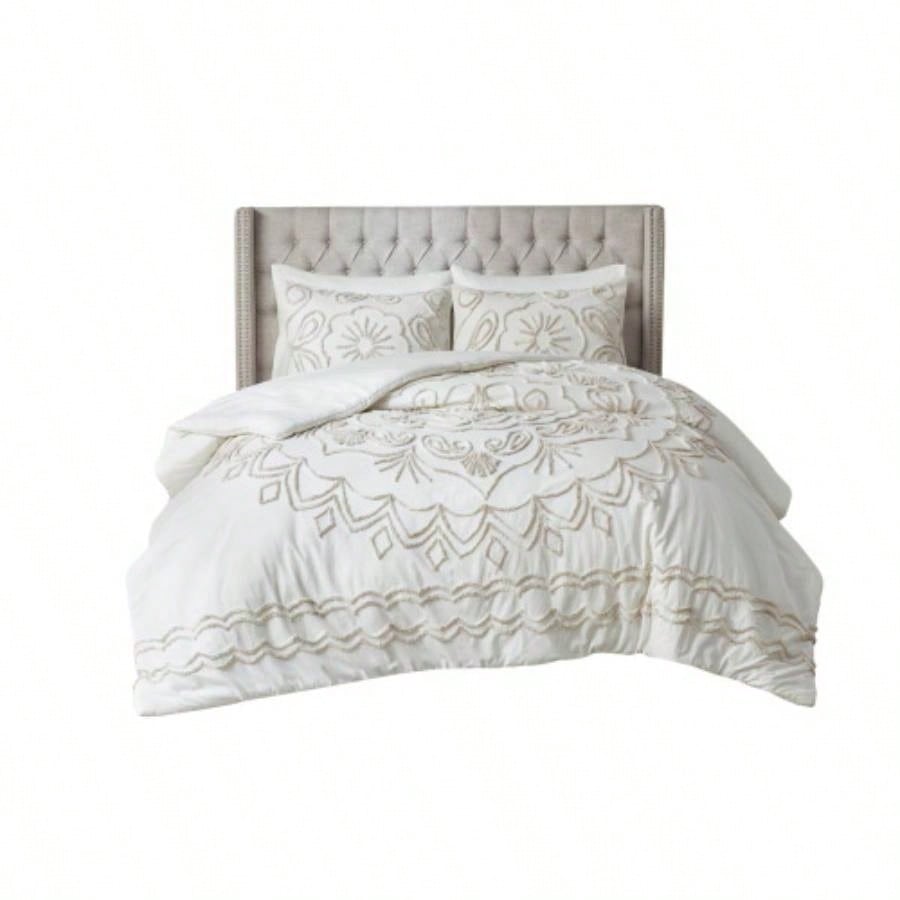 3 Piece Tufted Cotton Chenille Comforter Set Ivory/Taupe Full/