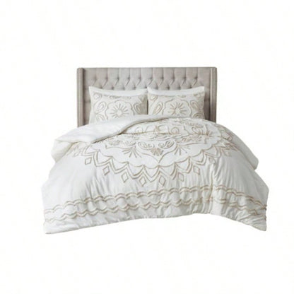 3 Piece Tufted Cotton Chenille Comforter Set Ivory/Taupe Full/