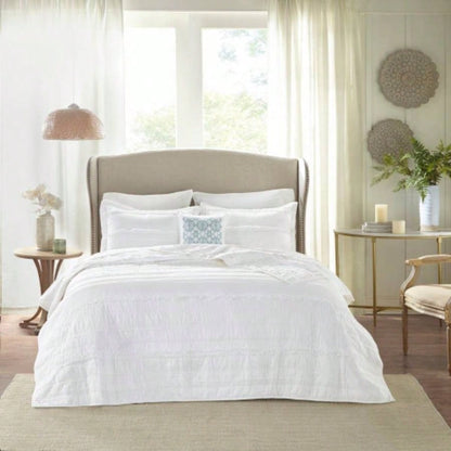 4 Piece Microfiber Reversible Ruffle Quilt Set with Throw Pillow White Full/