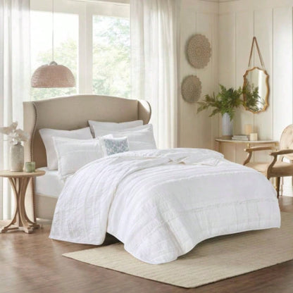 4 Piece Microfiber Reversible Ruffle Quilt Set with Throw Pillow White Full/