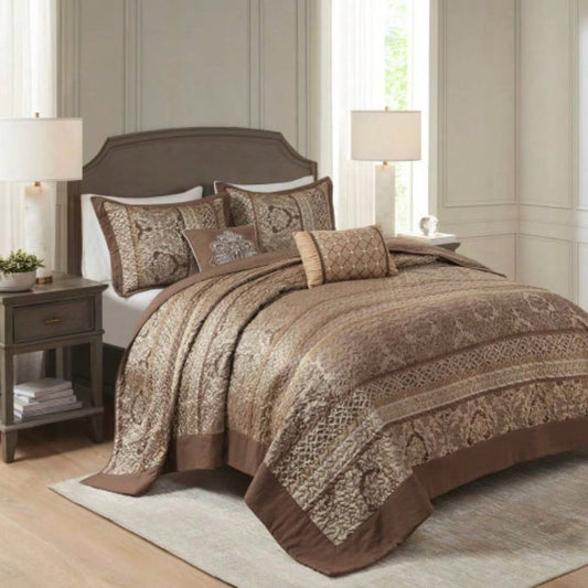 5 Piece Reversible Jacquard Bedspread Set Brown/Gold
