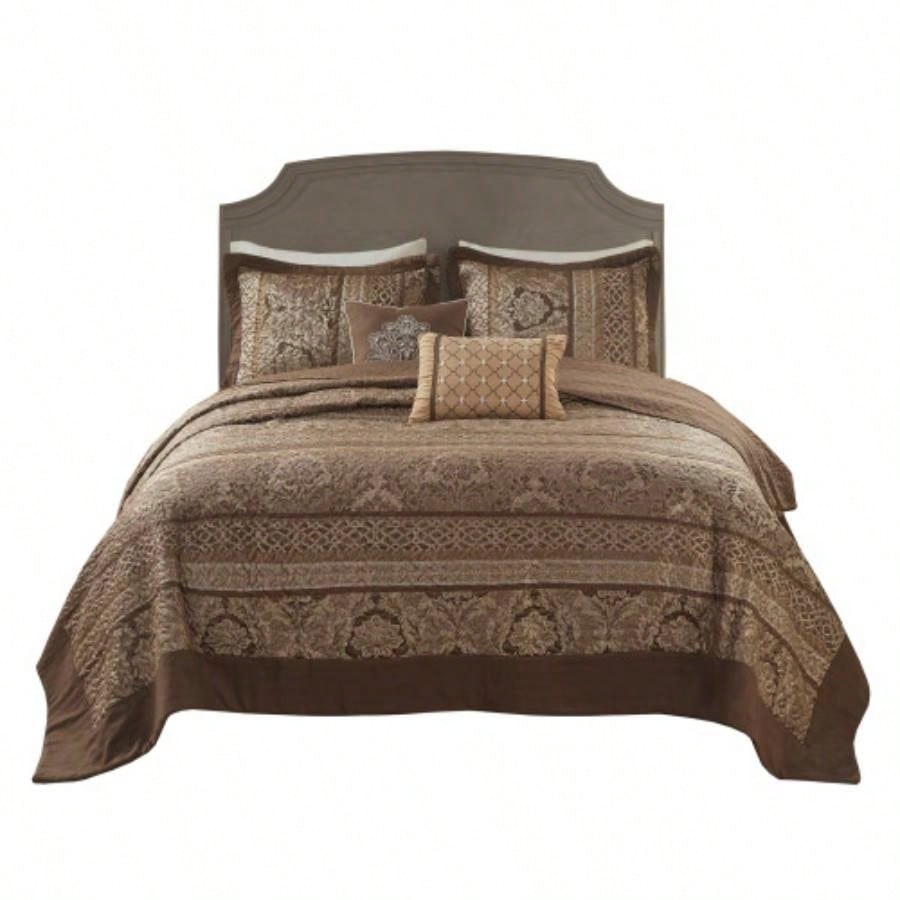 5 Piece Reversible Jacquard Bedspread Set Brown/Gold
