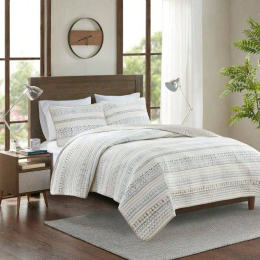 3 Piece Printed Microfiber Seersucker Quilt Set Taupe/Blue Full/