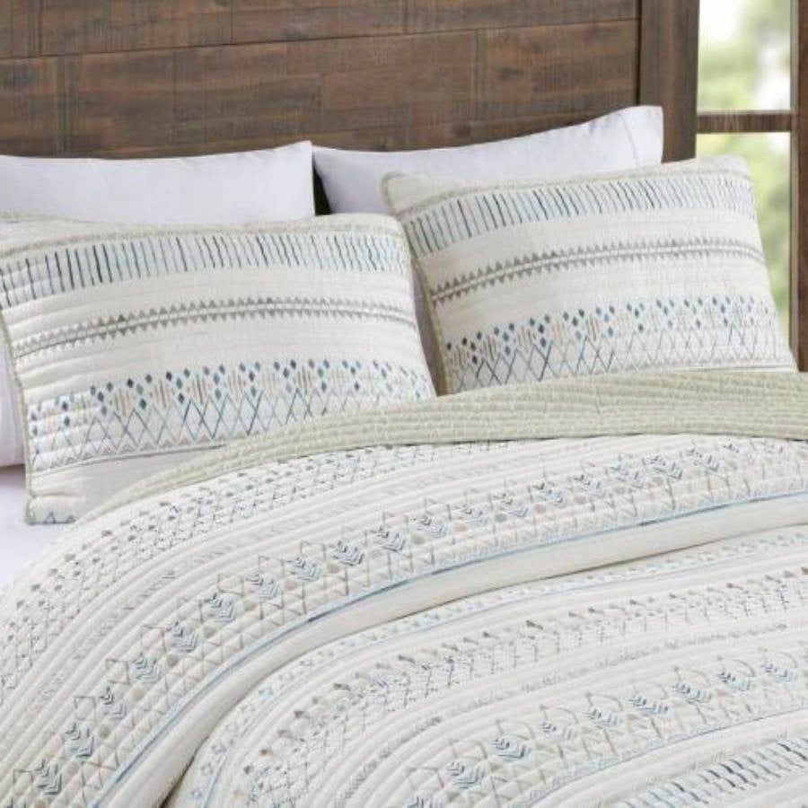 3 Piece Printed Microfiber Seersucker Quilt Set Taupe/Blue Full/
