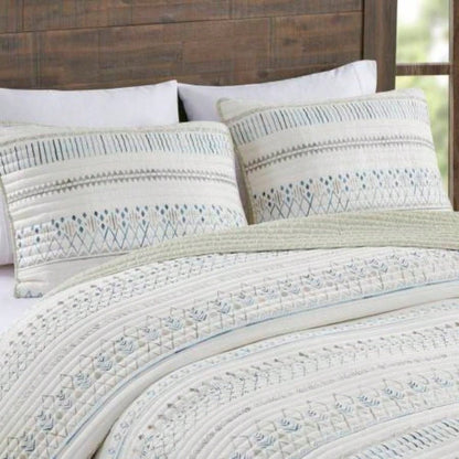 3 Piece Printed Microfiber Seersucker Quilt Set Taupe/Blue Full/