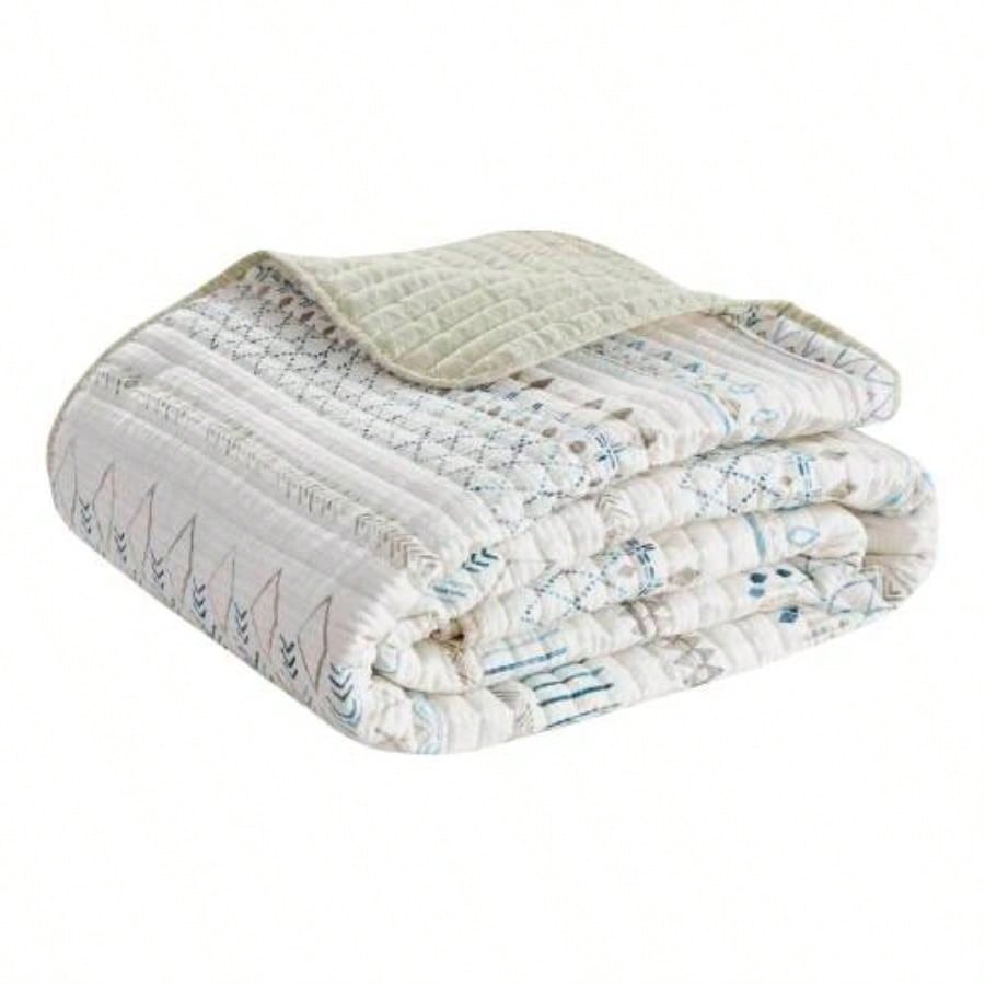 3 Piece Printed Microfiber Seersucker Quilt Set Taupe/Blue Full/