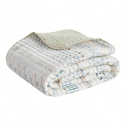 3 Piece Printed Microfiber Seersucker Quilt Set Taupe/Blue Full/