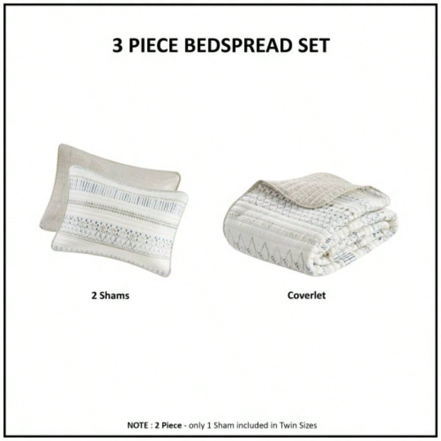 3 Piece Printed Microfiber Seersucker Quilt Set Taupe/Blue Full/