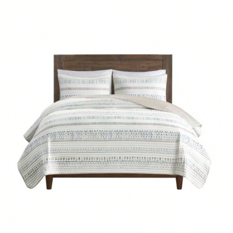 3 Piece Printed Microfiber Seersucker Quilt Set Taupe/Blue Full/
