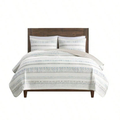 3 Piece Printed Microfiber Seersucker Quilt Set Taupe/Blue Full/
