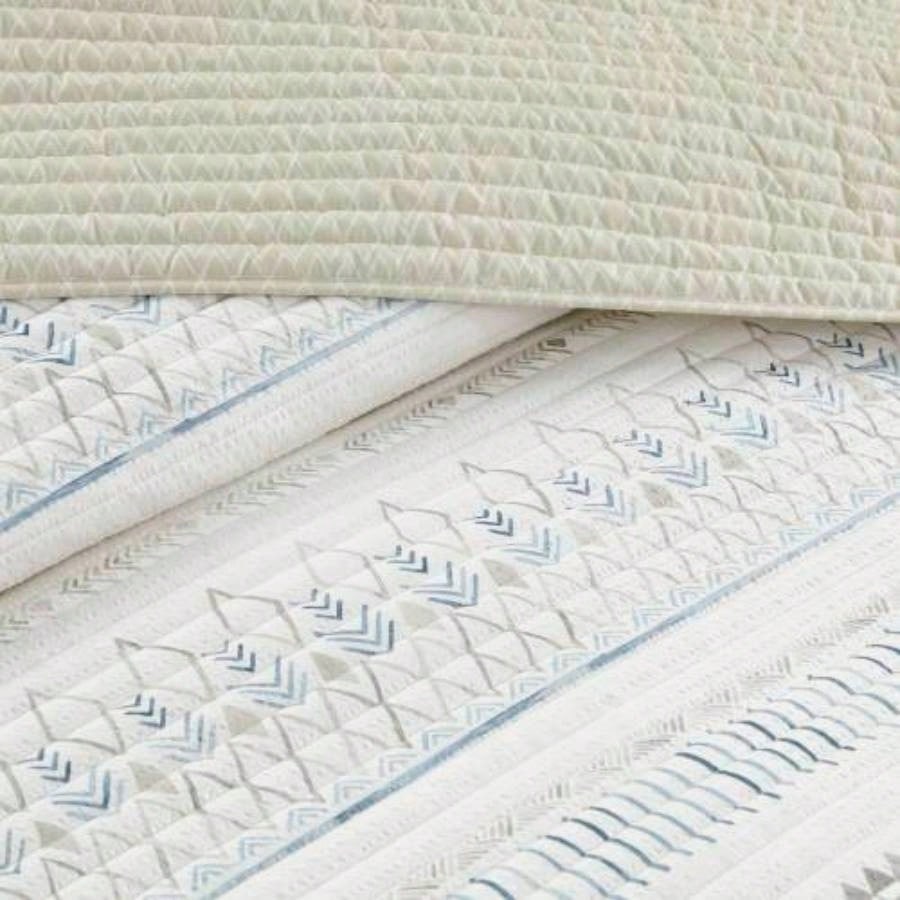 3 Piece Printed Microfiber Seersucker Quilt Set Taupe/Blue Full/