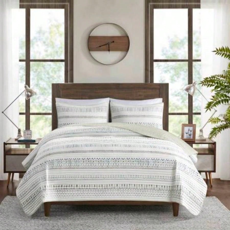 3 Piece Printed Microfiber Seersucker Quilt Set Taupe/Blue Full/