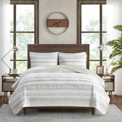3 Piece Printed Microfiber Seersucker Quilt Set Taupe/Blue Full/