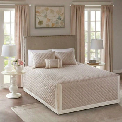 4 Piece Cotton Reversible Tailored Bedspread Set Khaki King