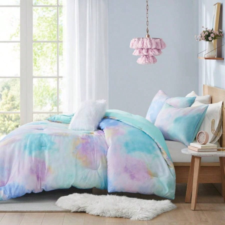 Twin/Twin XL Watercolor Tie Dye Printed Comforter Set with Throw Pillow
