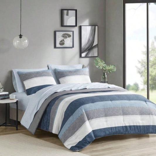 Stripe Comforter Set with Bed Sheets Blue/ Full