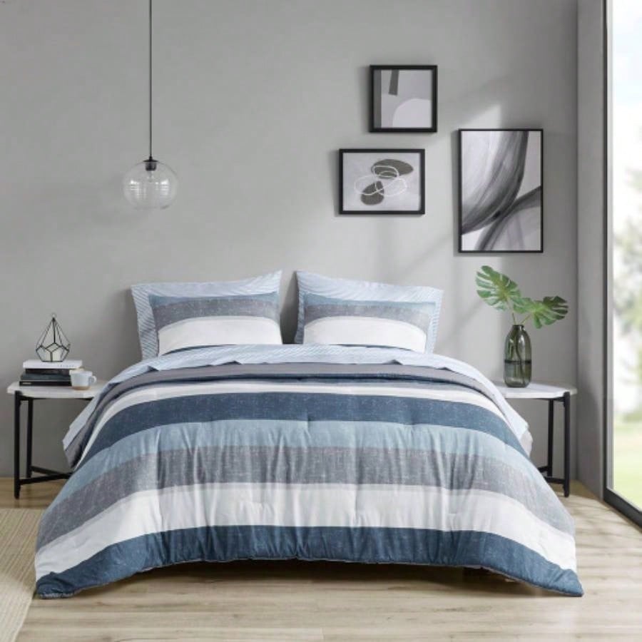 Stripe Comforter Set with Bed Sheets Blue/ Twin