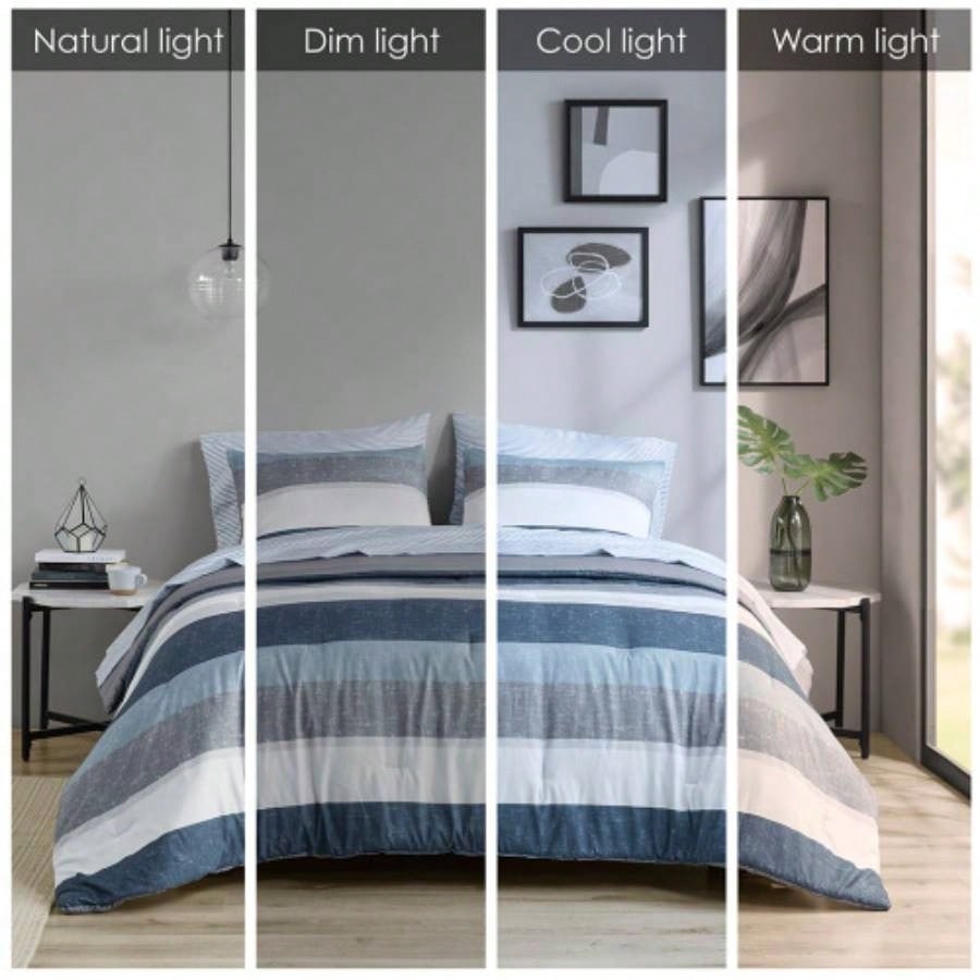 Stripe Comforter Set with Bed Sheets Blue/ Full