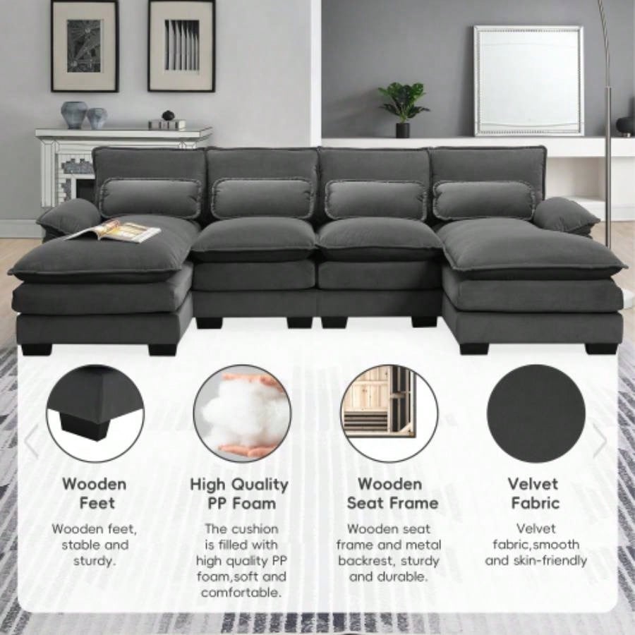 VIDEO providedNew109.8*55.9 Modern U - shaped Sectional Sofa with Waist Pillows, 6 - Upholstered Symmetrical Sofa Furniture, Sleeper Sofa Couch with Chaise Lounge Living Room, Apartment, 5 Color