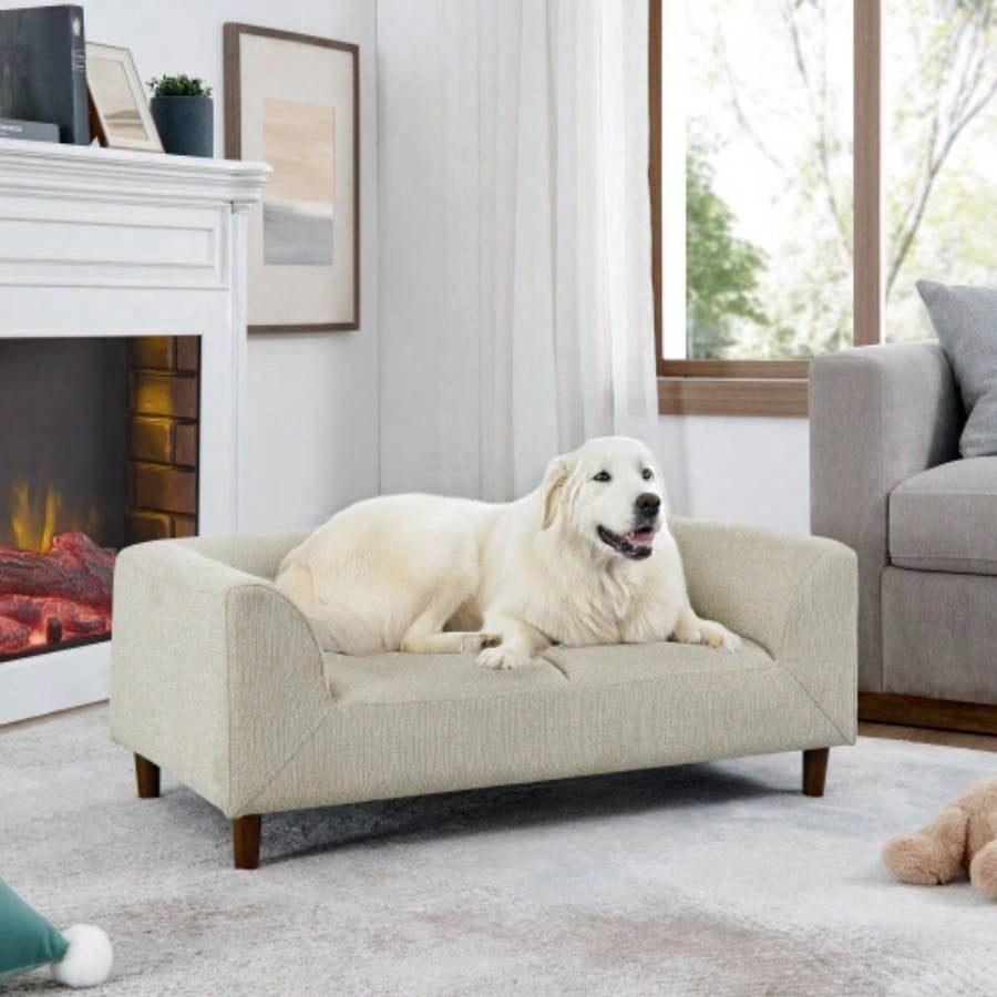 Pet sofa with backrest and armrests, modern rectangular pet sofa suitable small and medium dogs, soft cushion comfortable dog sofa, Dark