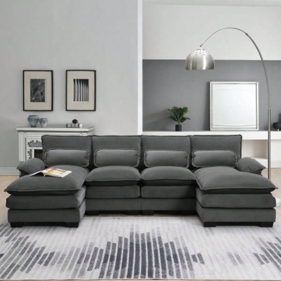 VIDEO providedNew109.8*55.9 Modern U - shaped Sectional Sofa with Waist Pillows, 6 - Upholstered Symmetrical Sofa Furniture, Sleeper Sofa Couch with Chaise Lounge Living Room, Apartment, 5 Color