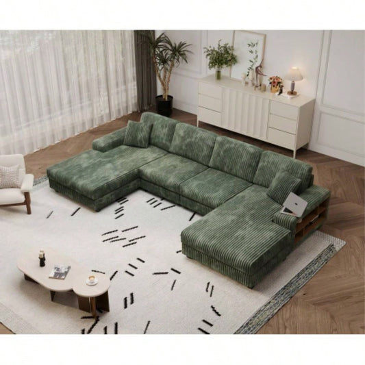 Convertible U - shaped Combination Sofa, Corduroy Fabric, Modern Comfortable Large Size 4 Sofa, Living Room Double Lounge Chair, Green