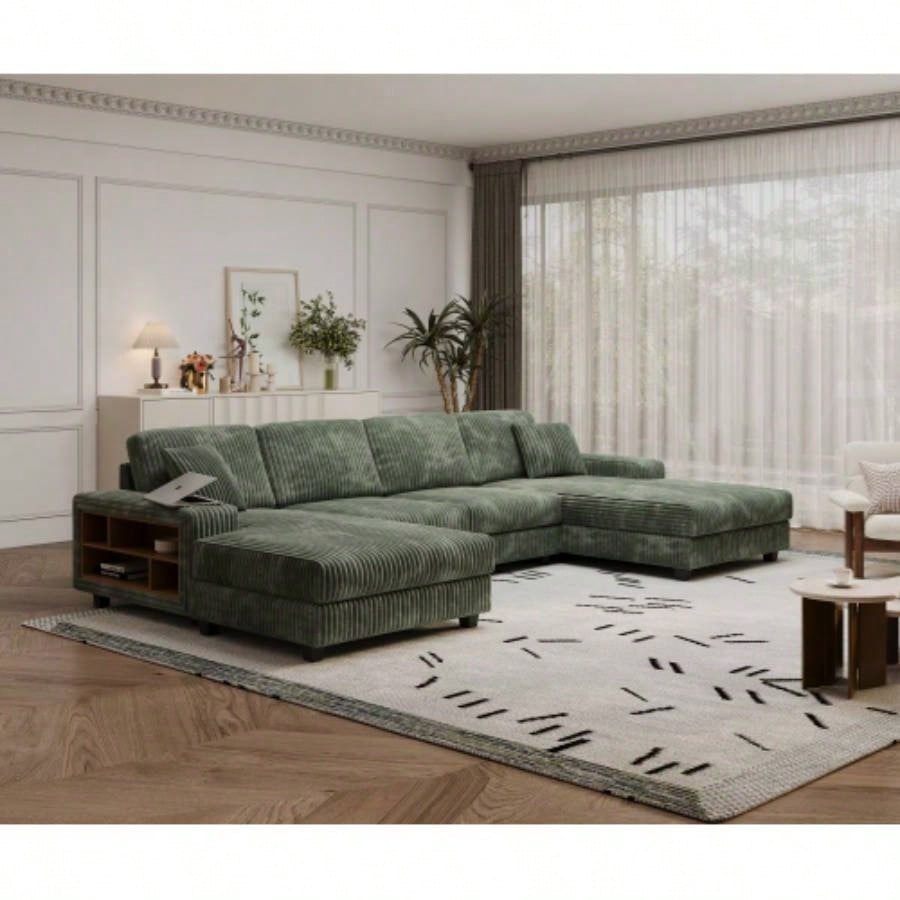 Convertible U - shaped Combination Sofa, Corduroy Fabric, Modern Comfortable Large Size 4 Sofa, Living Room Double Lounge Chair, Green