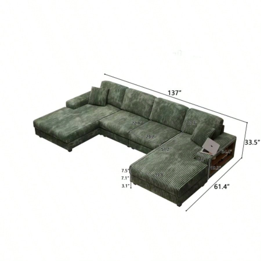 Convertible U - shaped Combination Sofa, Corduroy Fabric, Modern Comfortable Large Size 4 Sofa, Living Room Double Lounge Chair, Green