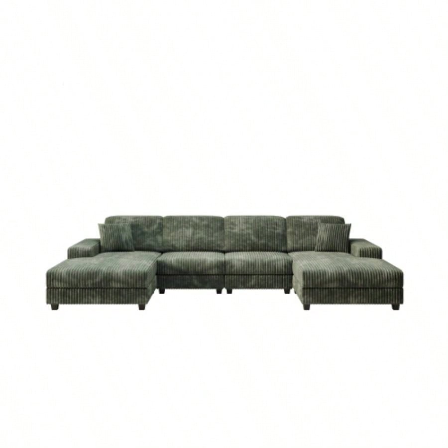 Convertible U - shaped Combination Sofa, Corduroy Fabric, Modern Comfortable Large Size 4 Sofa, Living Room Double Lounge Chair, Green