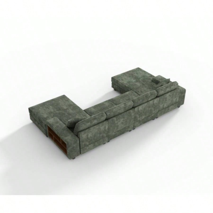 Convertible U - shaped Combination Sofa, Corduroy Fabric, Modern Comfortable Large Size 4 Sofa, Living Room Double Lounge Chair, Green
