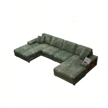Convertible U - shaped Combination Sofa, Corduroy Fabric, Modern Comfortable Large Size 4 Sofa, Living Room Double Lounge Chair, Green