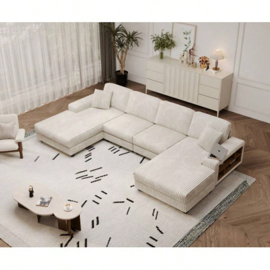 Convertible U - shaped Combination Sofa, Corduroy Fabric, Modern Comfortable Large Size 4 Sofa, Living Room Double Lounge Chair, Green