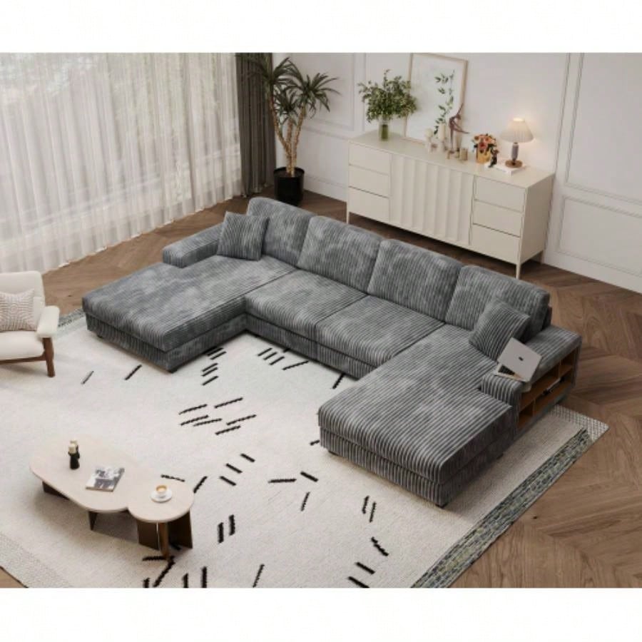 Convertible U - shaped Combination Sofa, Corduroy Fabric, Modern Comfortable Large Size 4 Sofa, Living Room Double Lounge Chair, Green