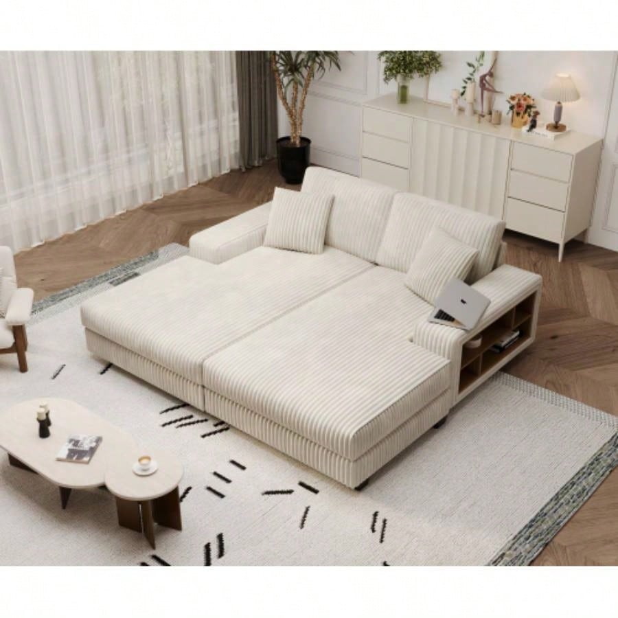 Convertible U - shaped Combination Sofa, Corduroy Fabric, Modern Comfortable Large Size 4 Sofa, Living Room Double Lounge Chair, Green