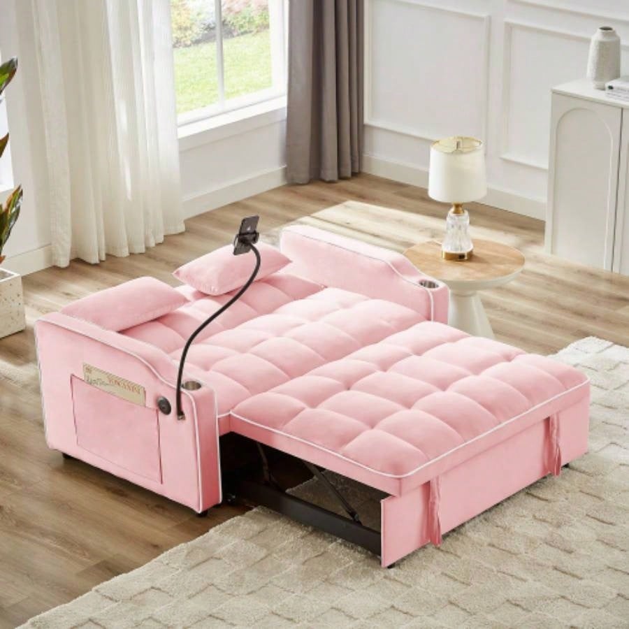1 versatile foldable sofa bed in 3 lengths, modern sofa sofa sofa velvet pull - out bed, adjustable back and with USB port and ashtray and swivel phone stand pink