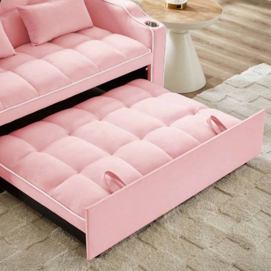 1 versatile foldable sofa bed in 3 lengths, modern sofa sofa sofa velvet pull - out bed, adjustable back and with USB port and ashtray and swivel phone stand pink