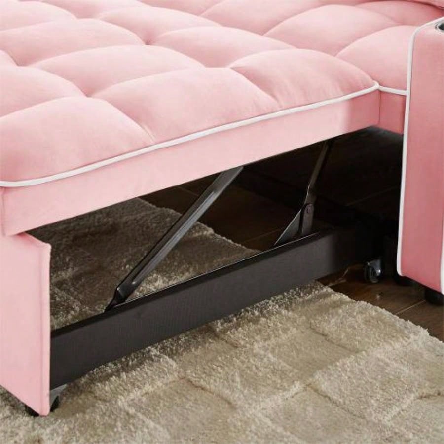 1 versatile foldable sofa bed in 3 lengths, modern sofa sofa sofa velvet pull - out bed, adjustable back and with USB port and ashtray and swivel phone stand pink