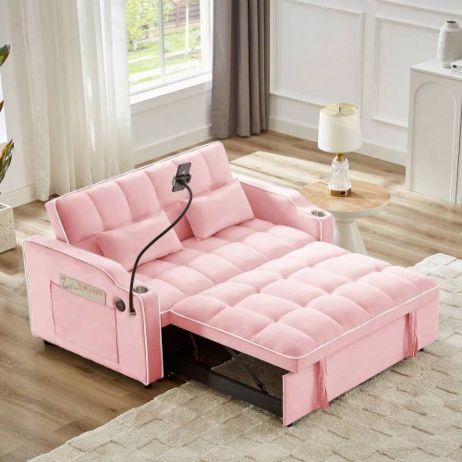 1 versatile foldable sofa bed in 3 lengths, modern sofa sofa sofa velvet pull - out bed, adjustable back and with USB port and ashtray and swivel phone stand pink