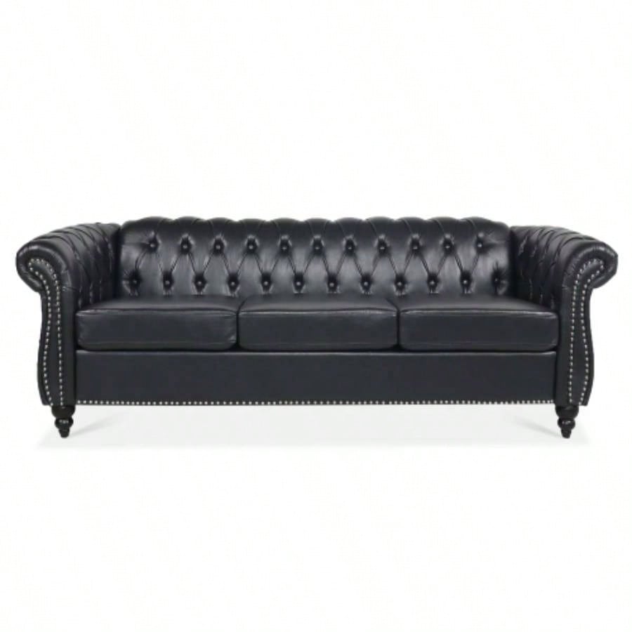 84.65 BLACK PU Rolled Arm Chesterfield Three Seater Sofa.