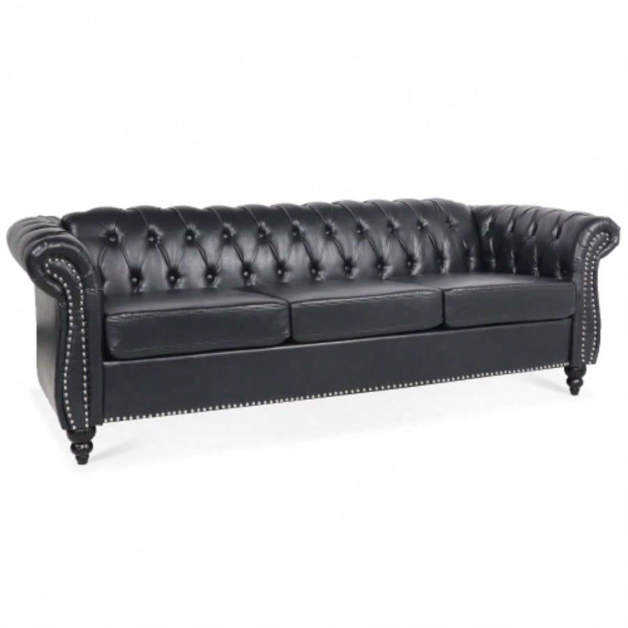 84.65 BLACK PU Rolled Arm Chesterfield Three Seater Sofa.