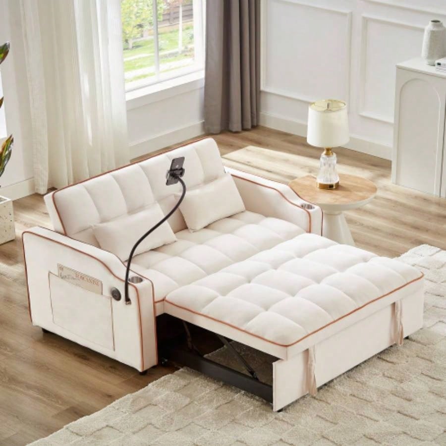 1 versatile foldable sofa bed in 3 lengths, modern sofa sofa sofa velvet pull - out bed, adjustable back and with USB port and ashtray and swivel phone stand pink