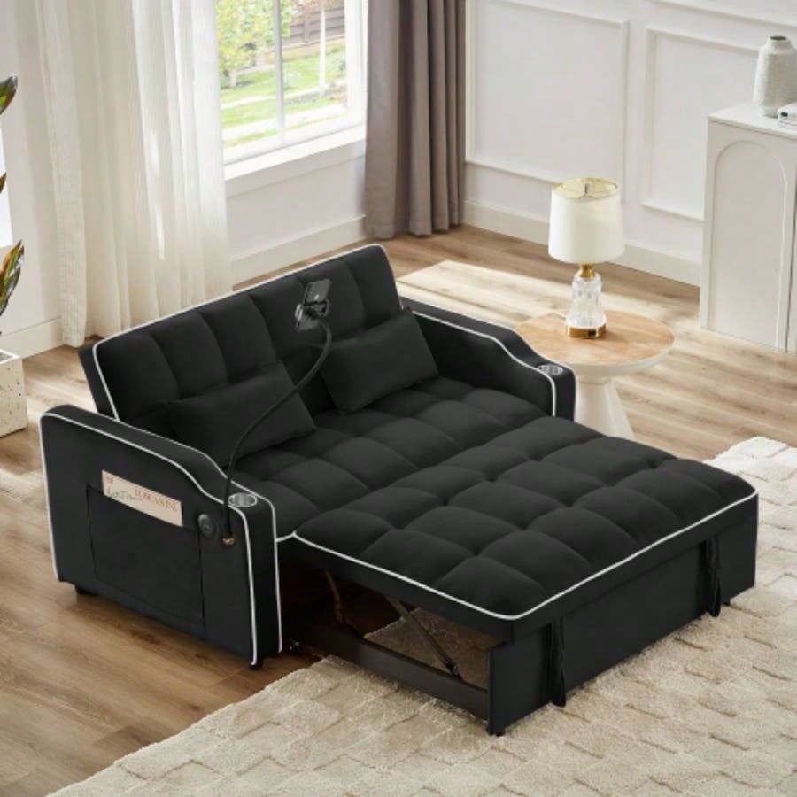 1 versatile foldable sofa bed in 3 lengths, modern sofa sofa sofa velvet pull - out bed, adjustable back and with USB port and ashtray and swivel phone stand pink