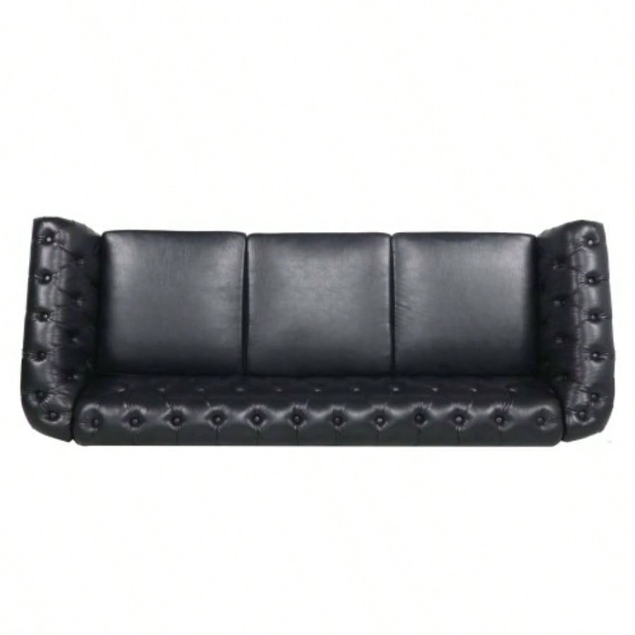 84.65 BLACK PU Rolled Arm Chesterfield Three Seater Sofa.